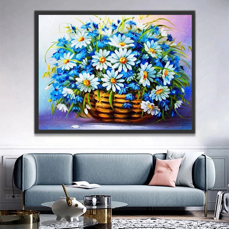 Daisies and Little Blue Flowers Paint by Numbers