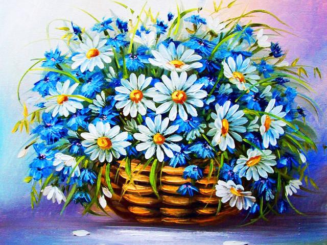 Daisies and Little Blue Flowers Paint by Numbers