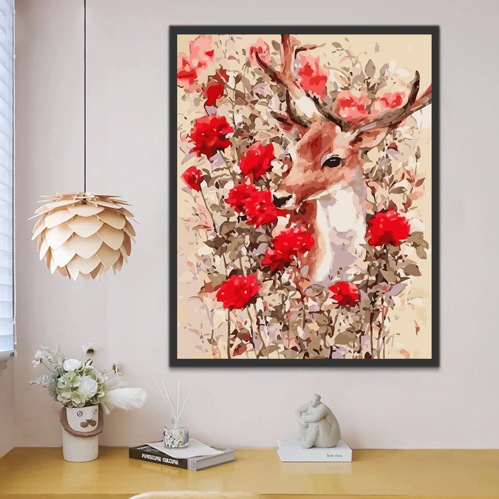 Deer among Red Flowers Paint by Numbers