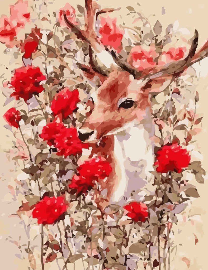 Deer among Red Flowers Paint by Numbers