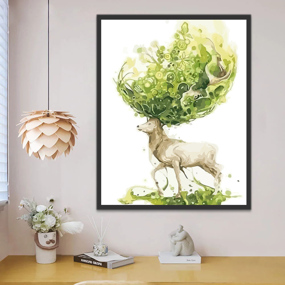 Deer and Abstract Green Leaves Paint by Numbers