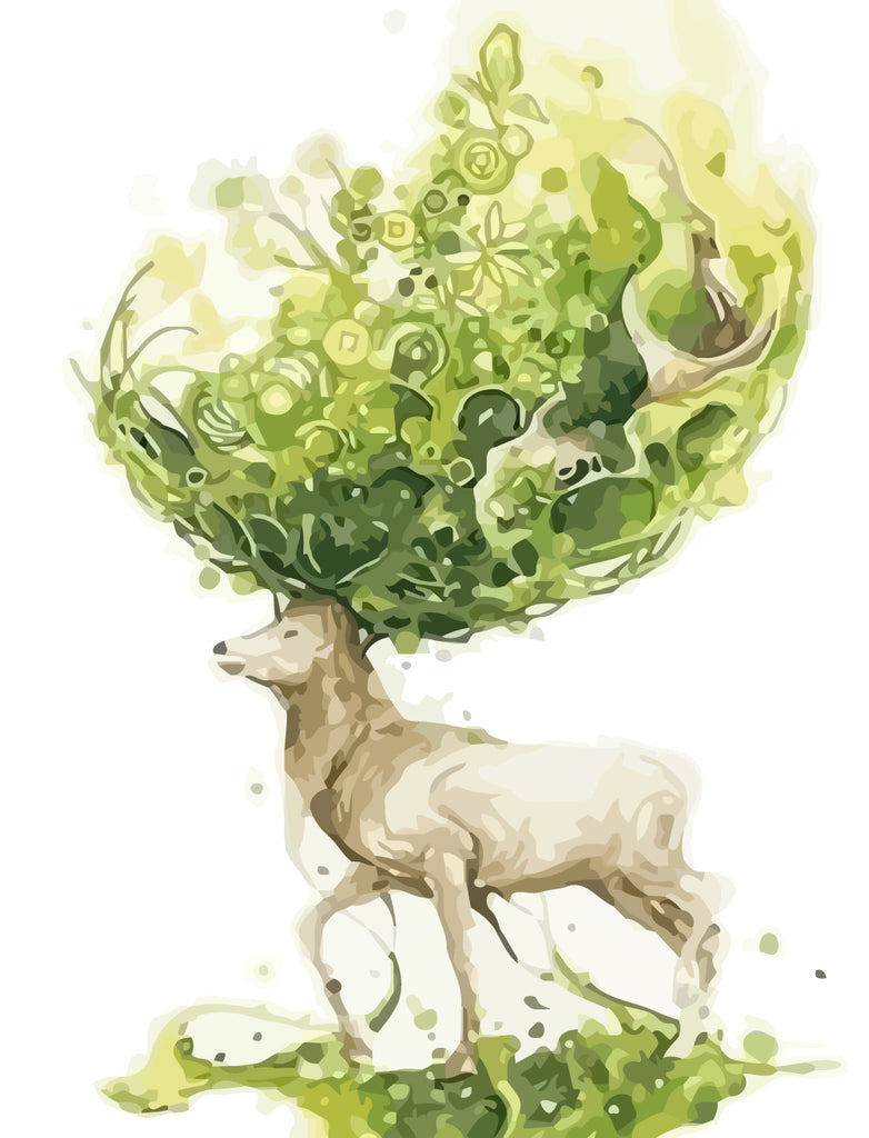 Deer and Abstract Green Leaves Paint by Numbers