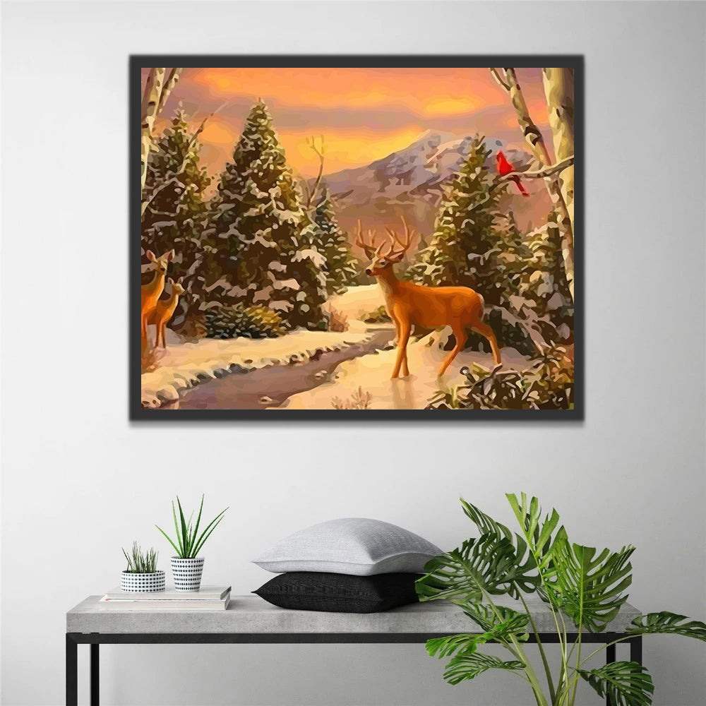 Deer Snow Forest Paint by Numbers