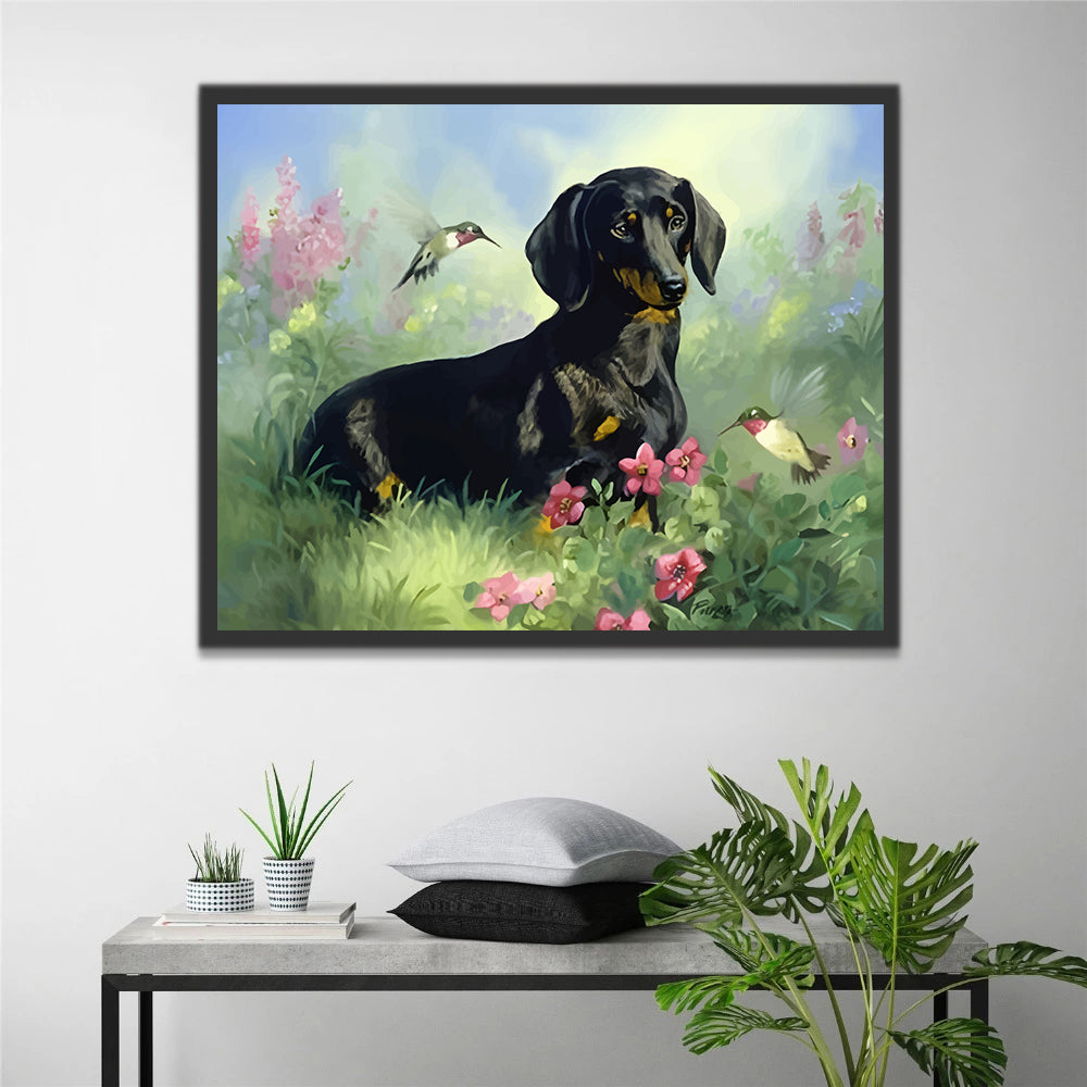 Dog and Birds among Flowers Paint by Numbers