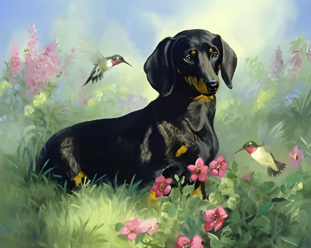 Dog and Birds among Flowers Paint by Numbers