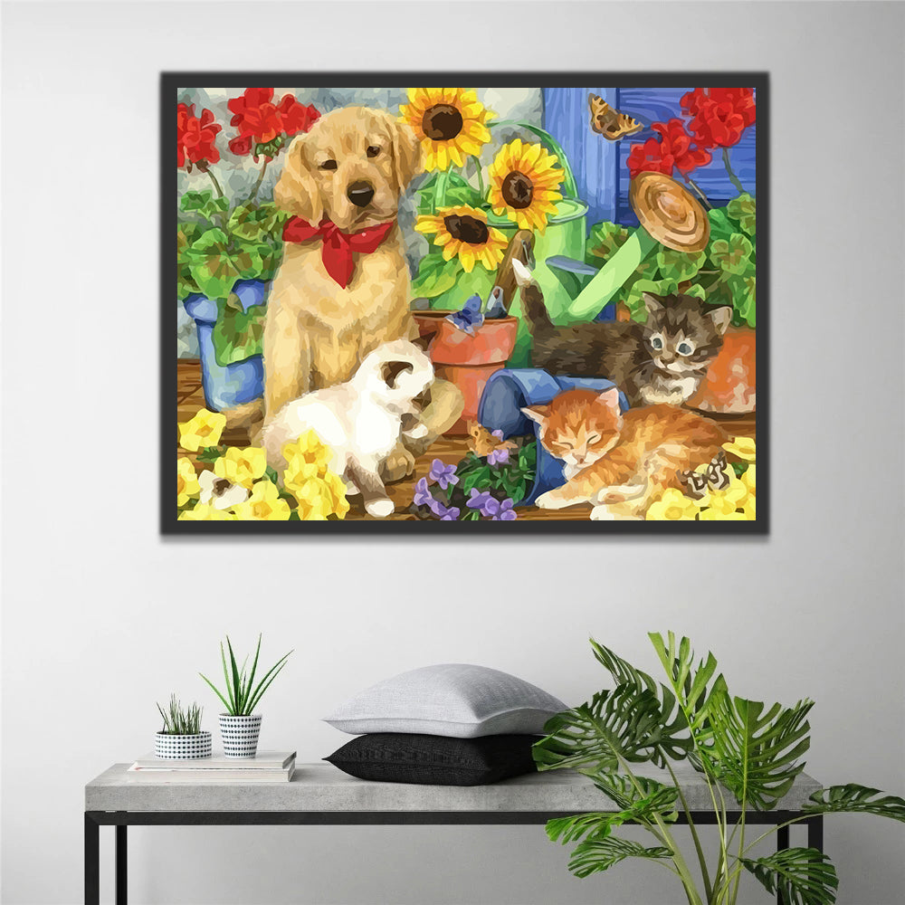 Dog and Cats in Flower Room Paint by Numbers