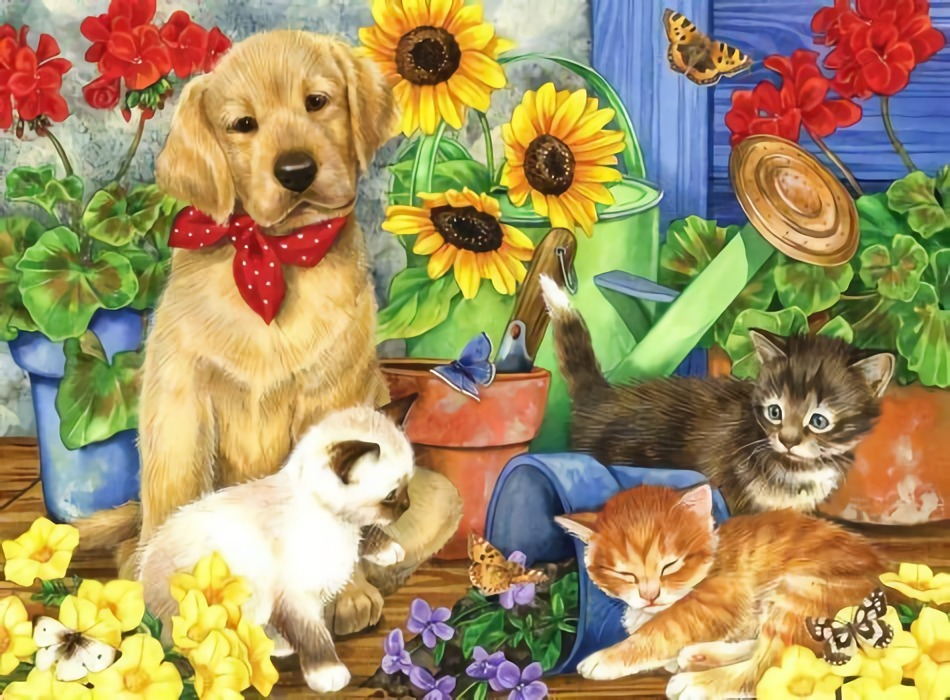 Dog and Cats in Flower Room Paint by Numbers