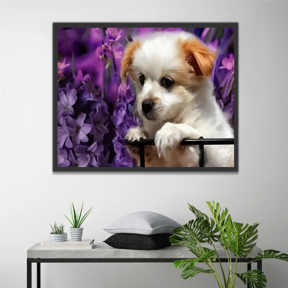 Dog and Purple Flowers Paint by Numbers