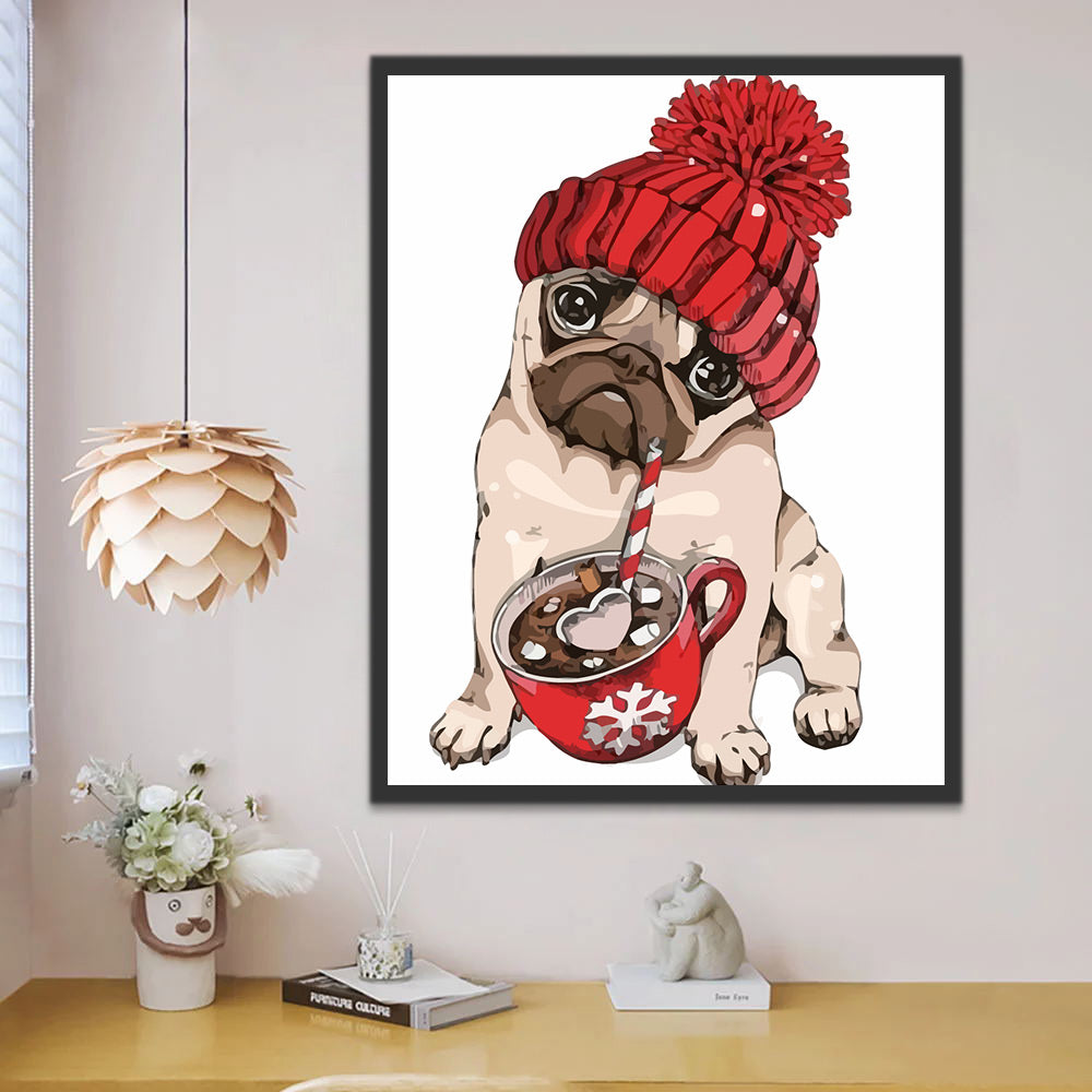 Dog with Red Hat Drinking Coffee Paint by Numbers