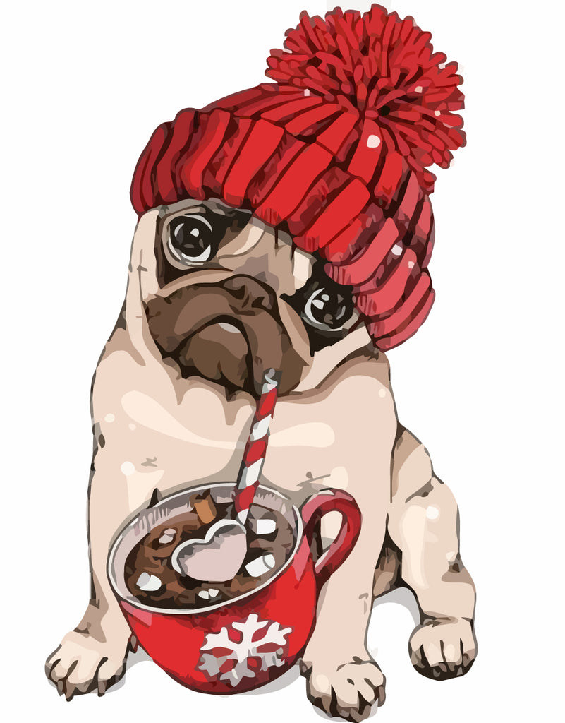 Dog with Red Hat Drinking Coffee Paint by Numbers