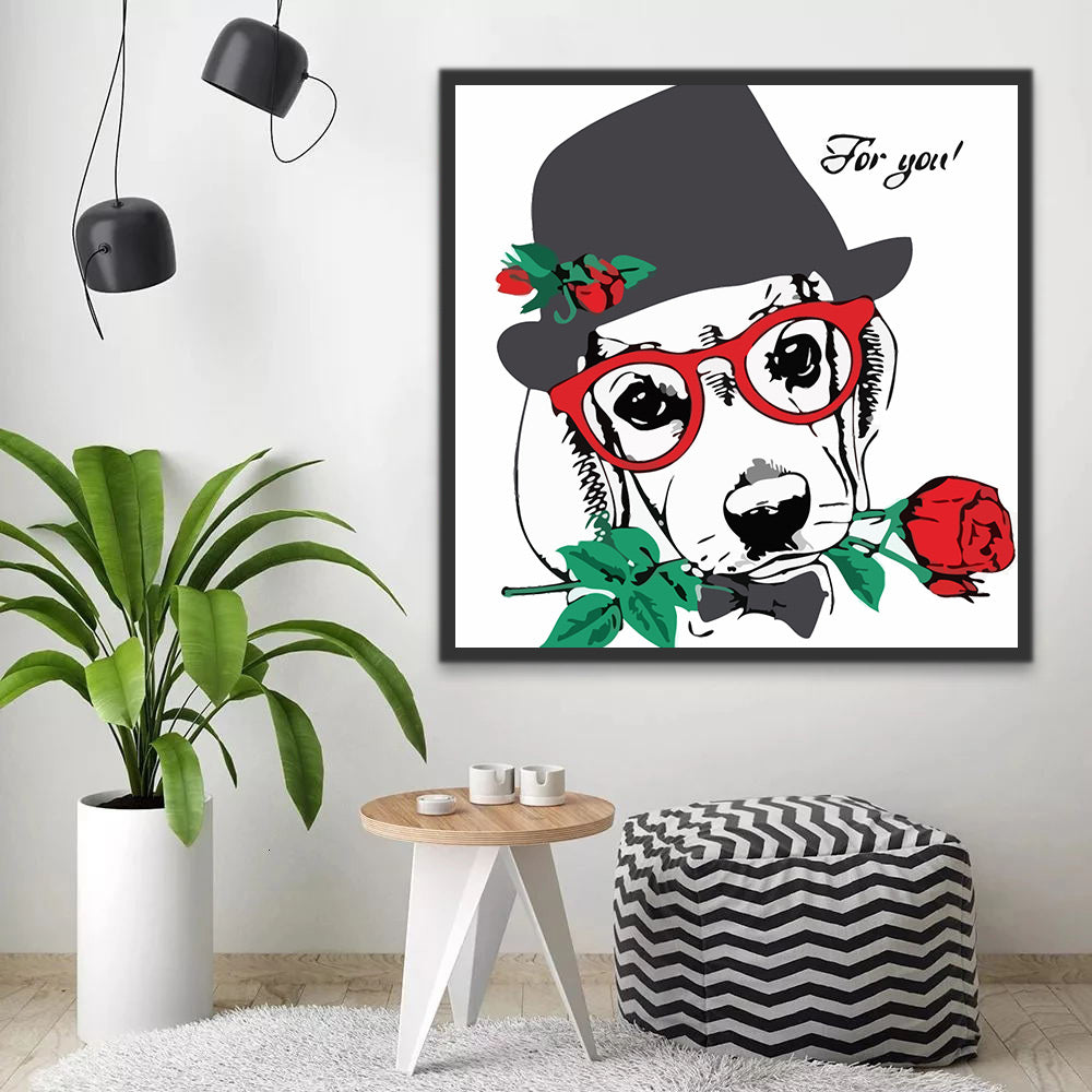 Dog with Red Rose and Glasses Paint by Numbers