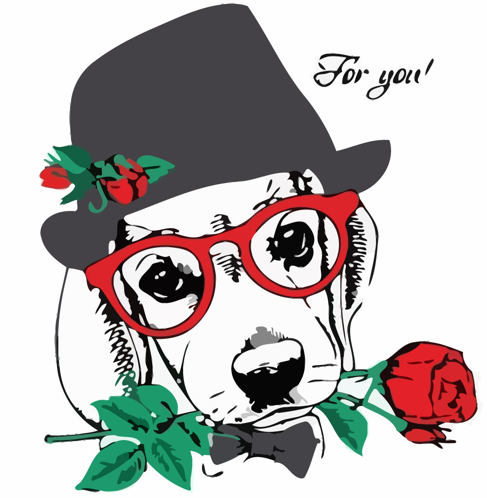 Dog with Red Rose and Glasses Paint by Numbers