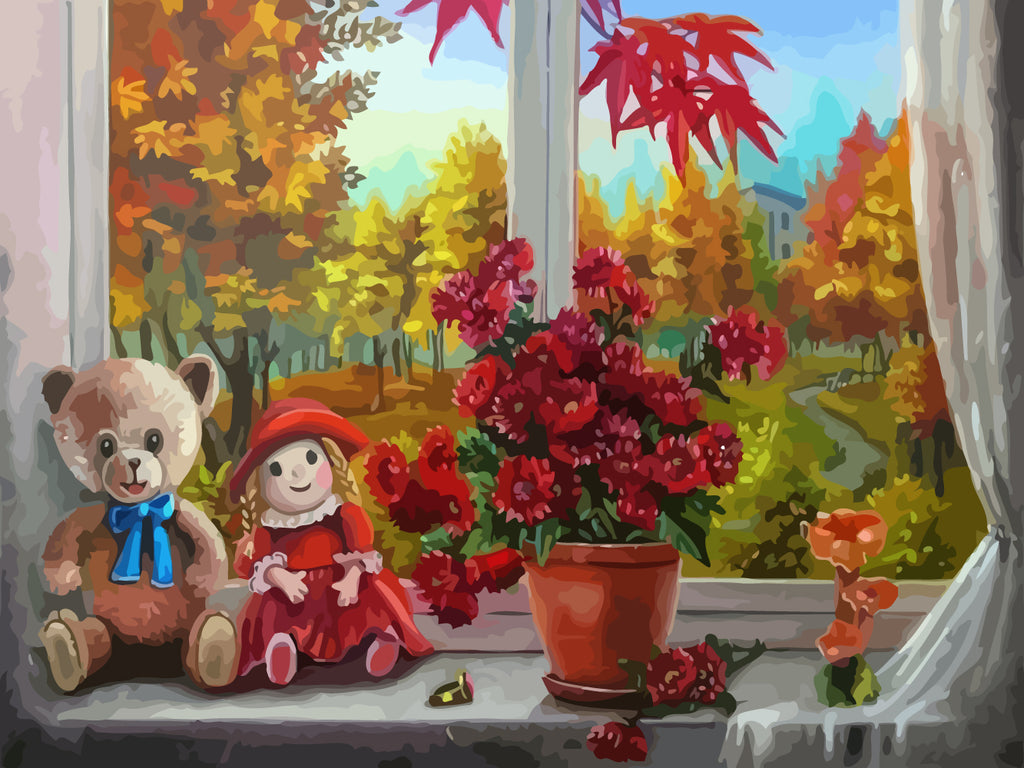 Doll, Bear and Flower Pot on the Windowsill Paint by Numbers