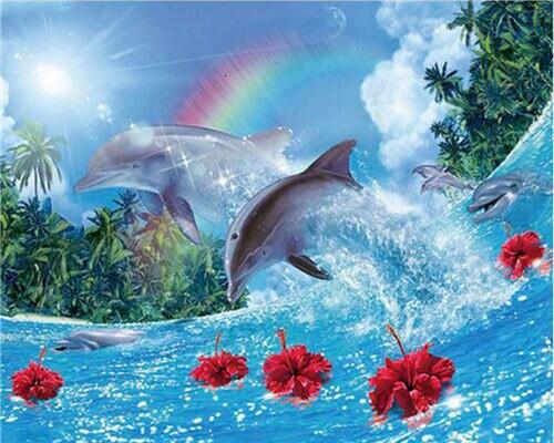 Dolphins Flowers Rainbow Paint by Numbers