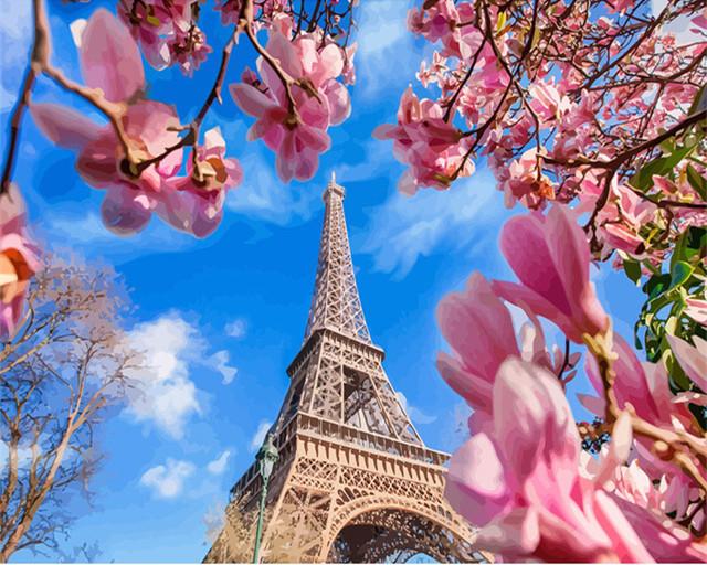 Eiffel Tower and Purple Magnolias Paint by Numbers