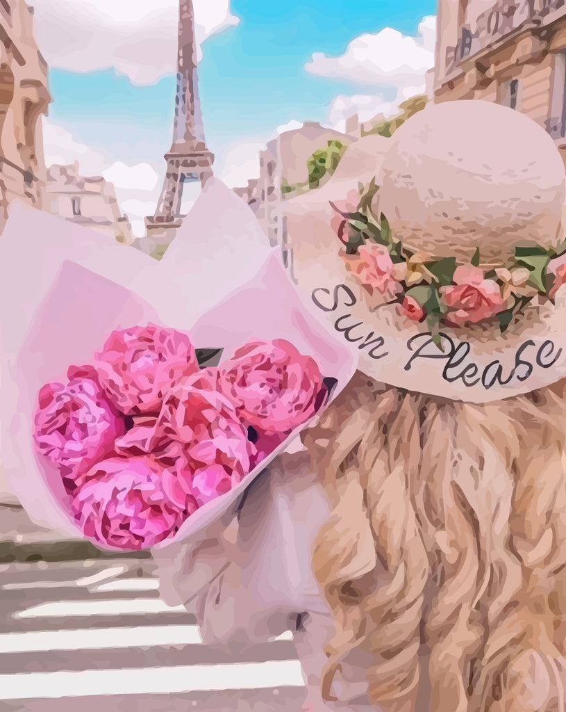 Eiffel Tower and Woman Holding Flowers Paint by Numbers