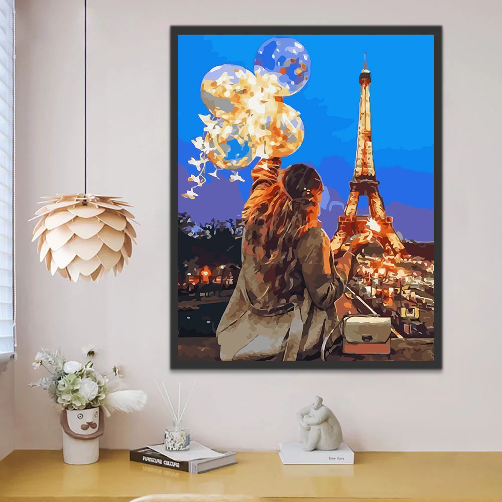 Eiffel Tower and Woman with Balloons Paint by Numbers