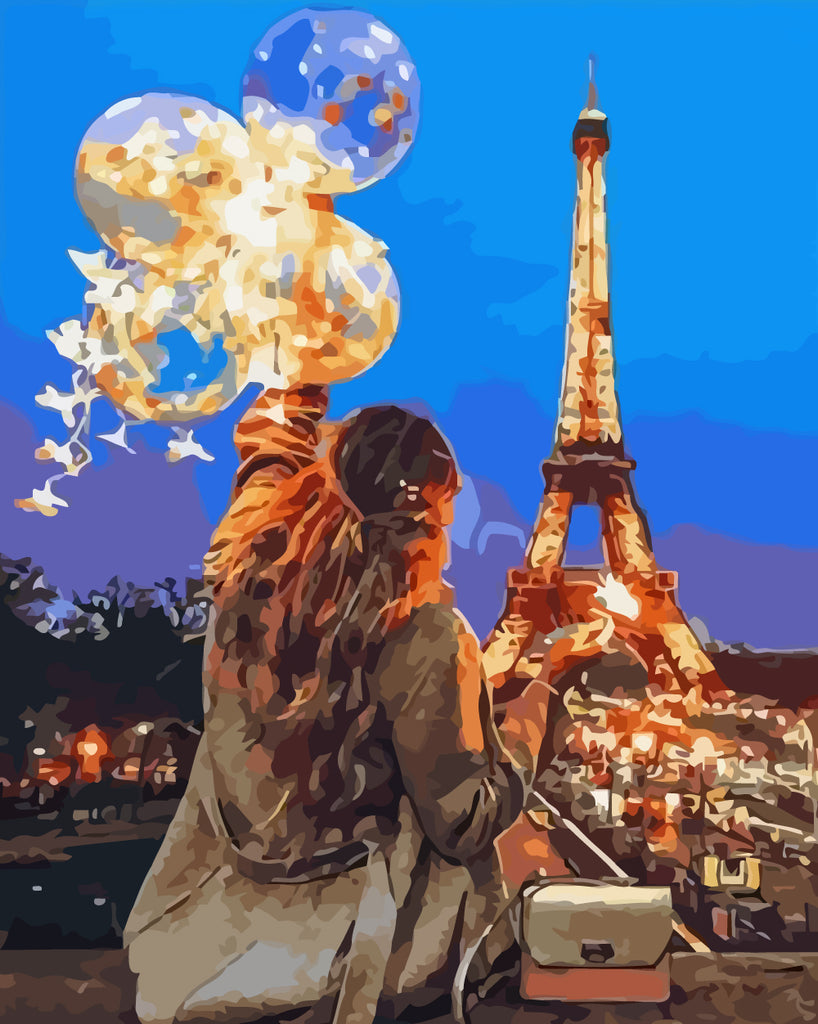 Eiffel Tower and Woman with Balloons Paint by Numbers