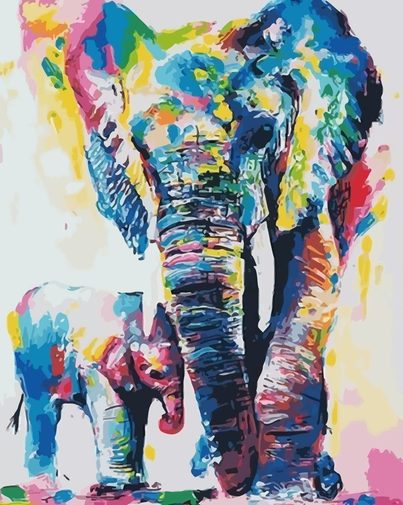 Elephant and Baby Elephant in Watercolor Style Paint by Numbers