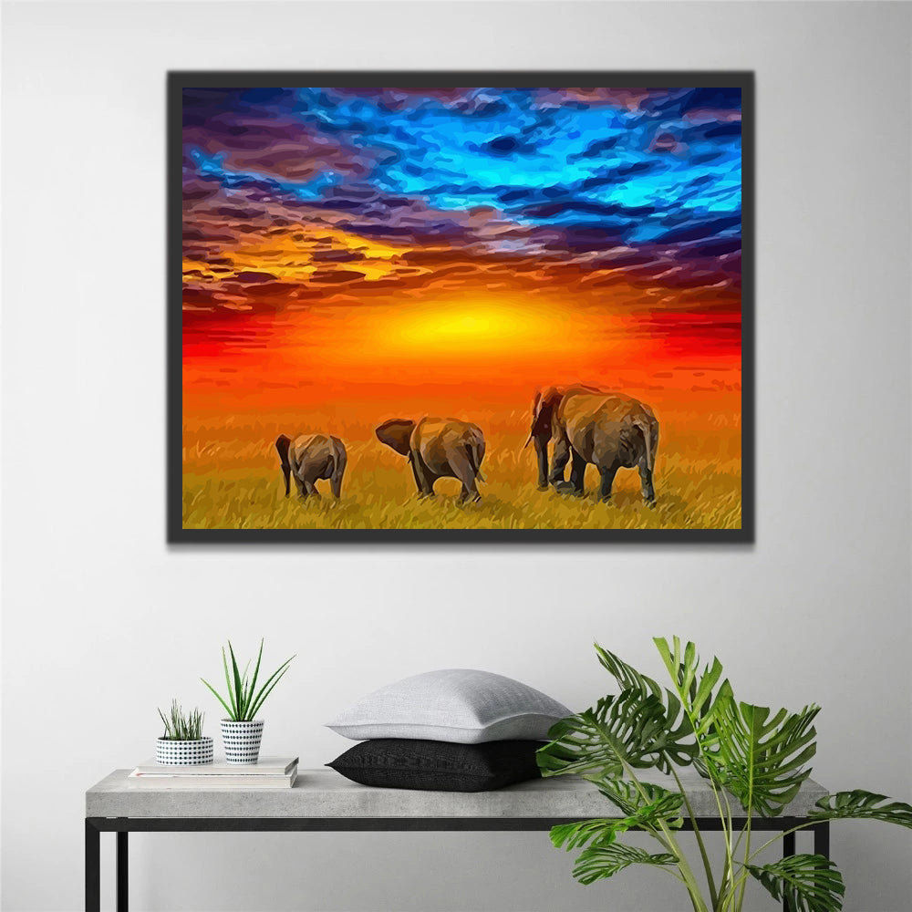 Elephant Family at Sunset Paint by Numbers