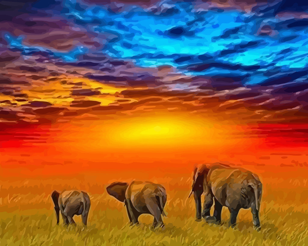 Elephant Family at Sunset Paint by Numbers