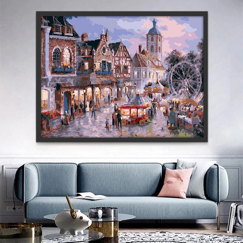 European Town in Oil Painting Style Paint by Numbers