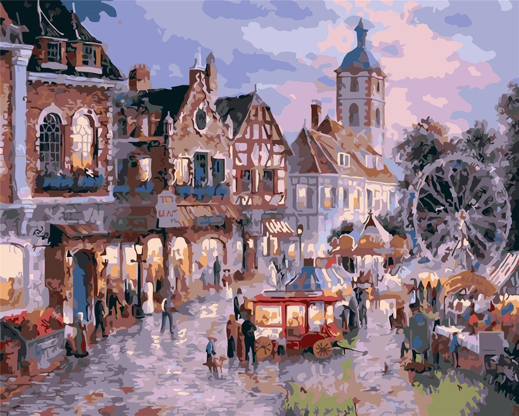 European Town in Oil Painting Style Paint by Numbers