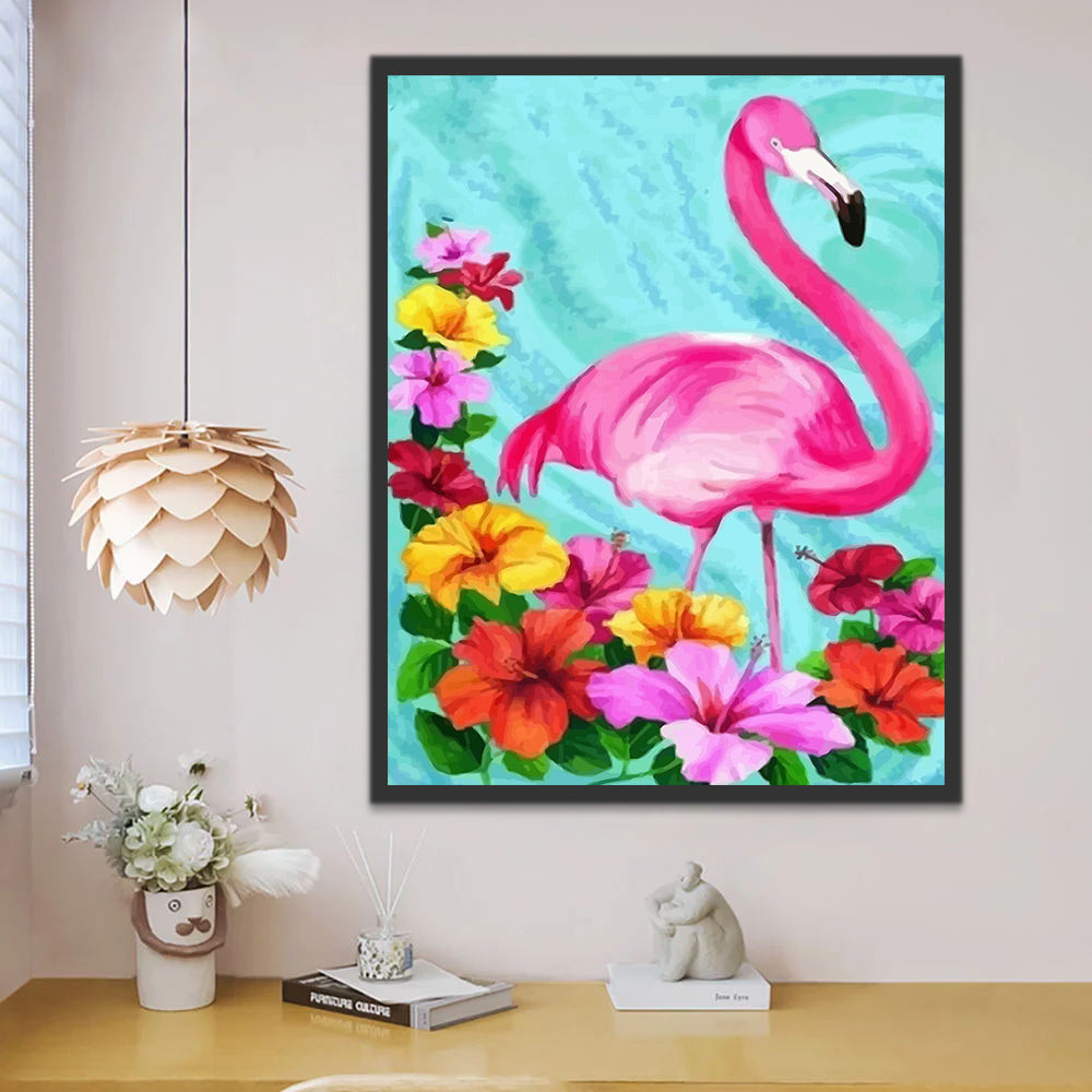 Flamingo and Flowers on Blue Background Paint by Numbers