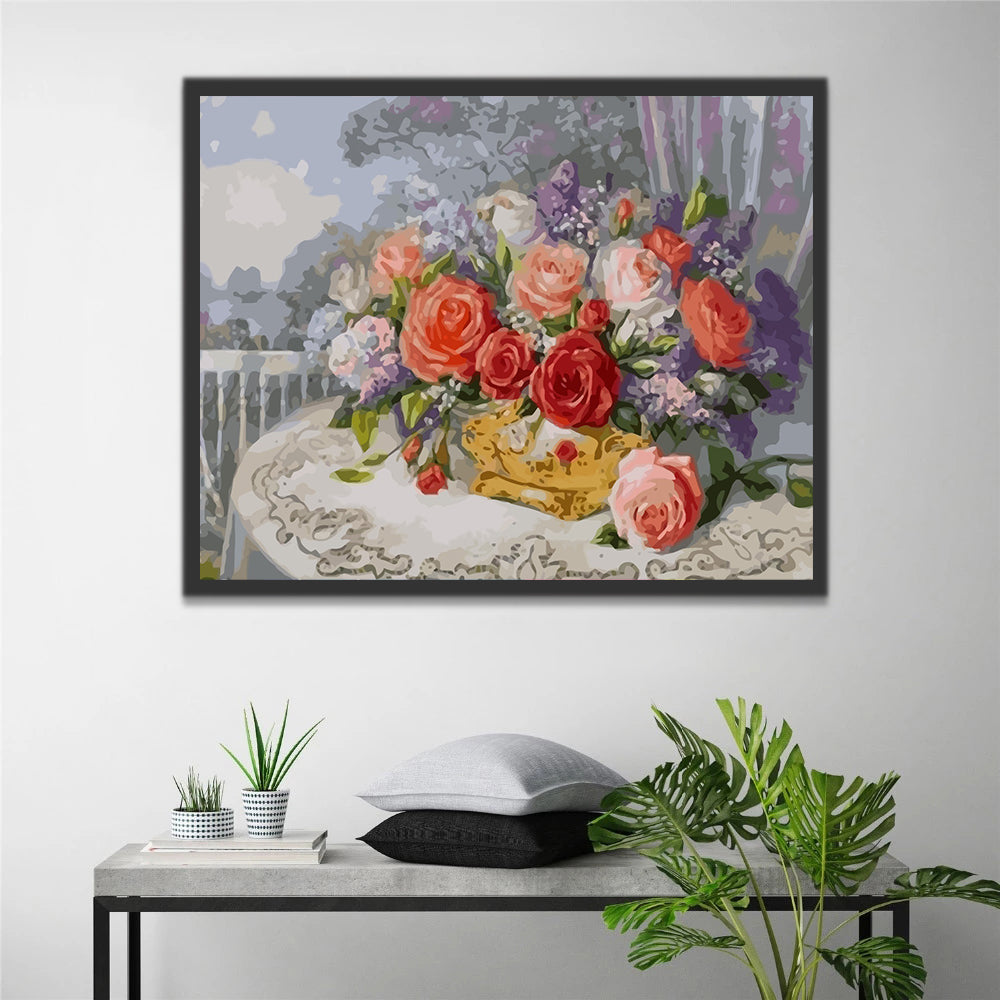 Flower Basket on Table Paint by Numbers