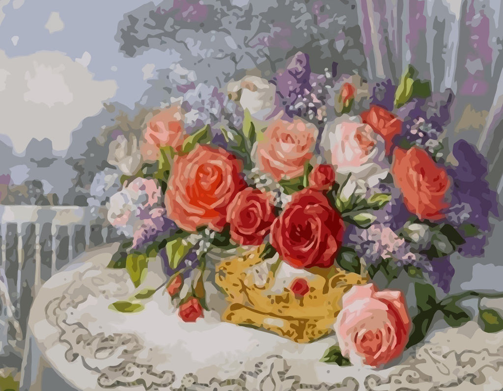 Flower Basket on Table Paint by Numbers