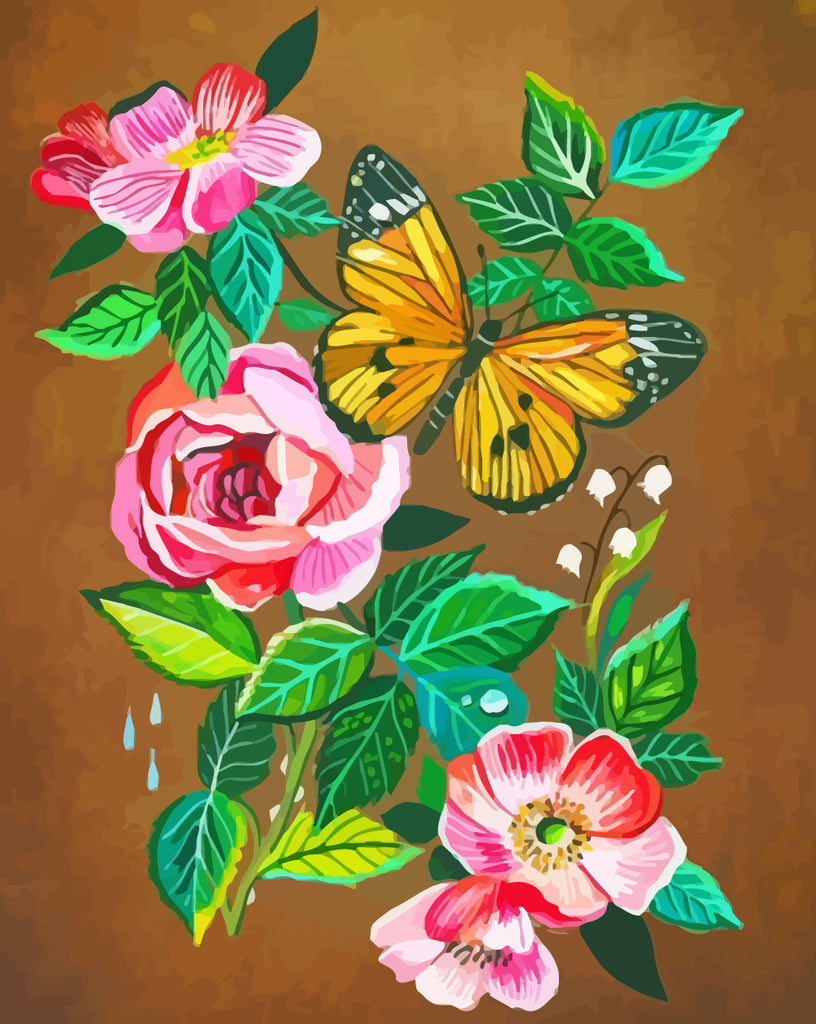 Flowers and Yellow Butterfly Paint by Numbers