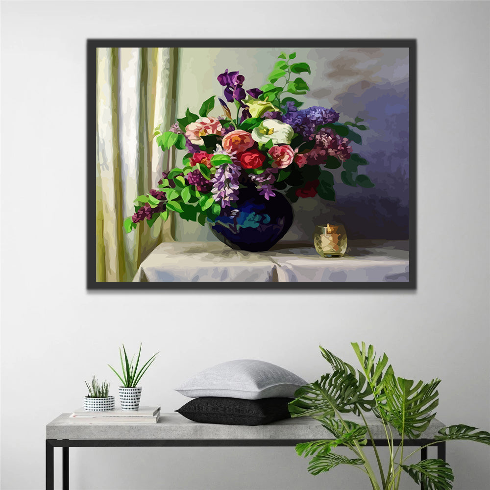 Flowers in Dark Blue Vase Paint by Numbers