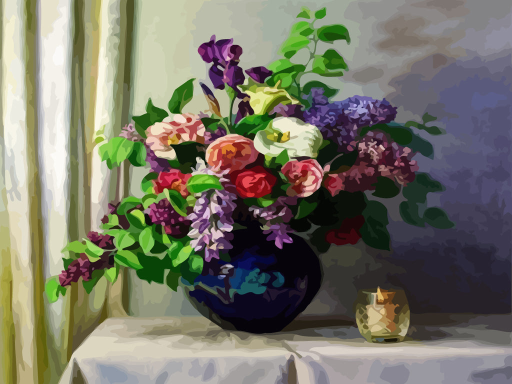 Flowers in Dark Blue Vase Paint by Numbers