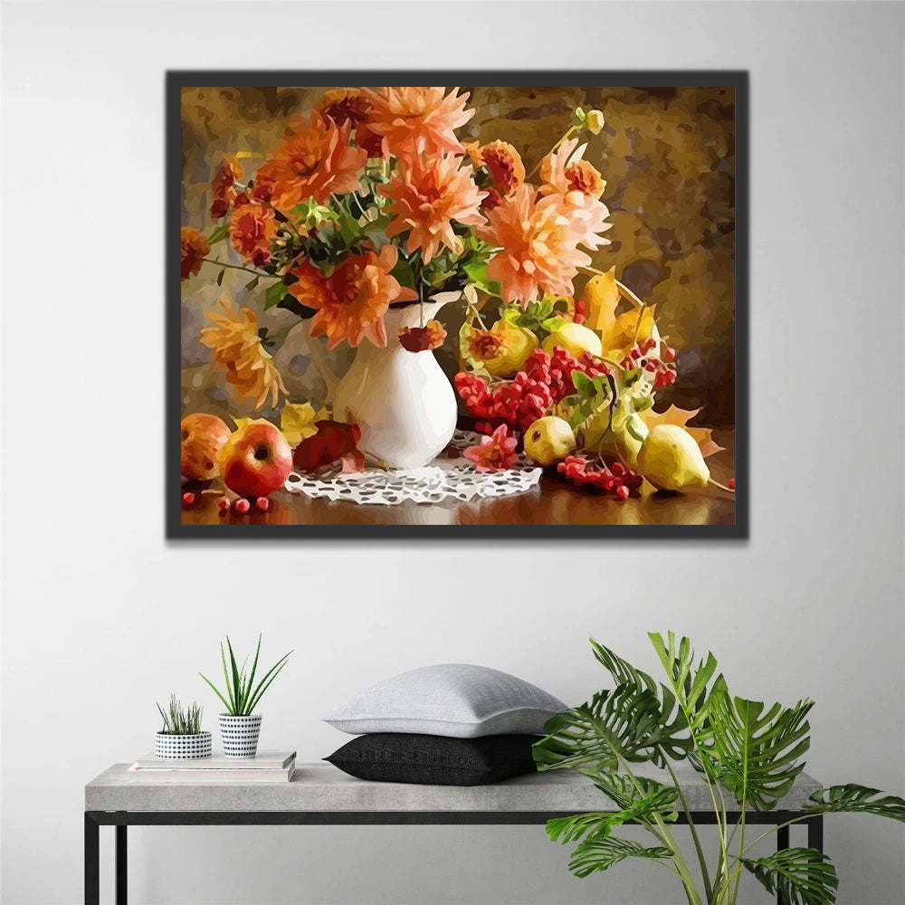 Flowers in White Vase and Fruits Paint by Numbers