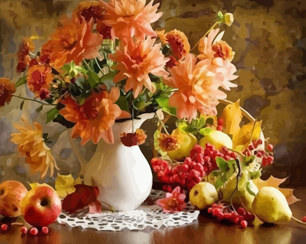 Flowers in White Vase and Fruits Paint by Numbers