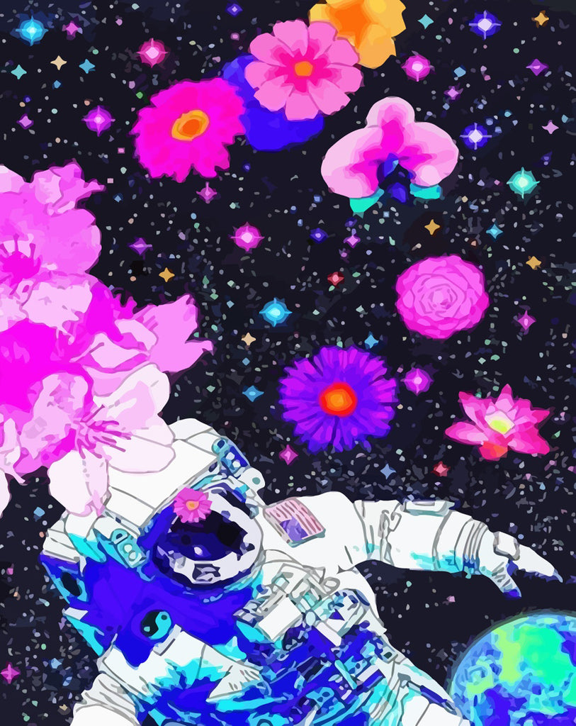 Flying Astronaut and Flowers Paint by Numbers