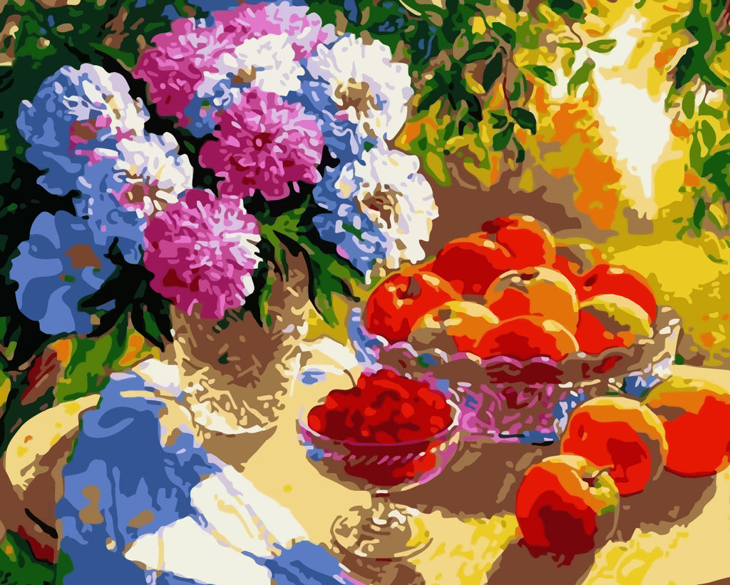 Fruits, Pink and White Flowers Paint by Numbers