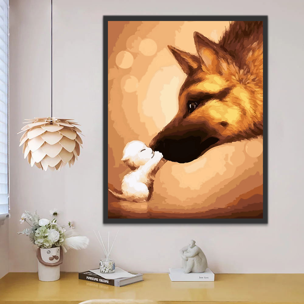 German Shepherd and White Kitten Paint by Numbers