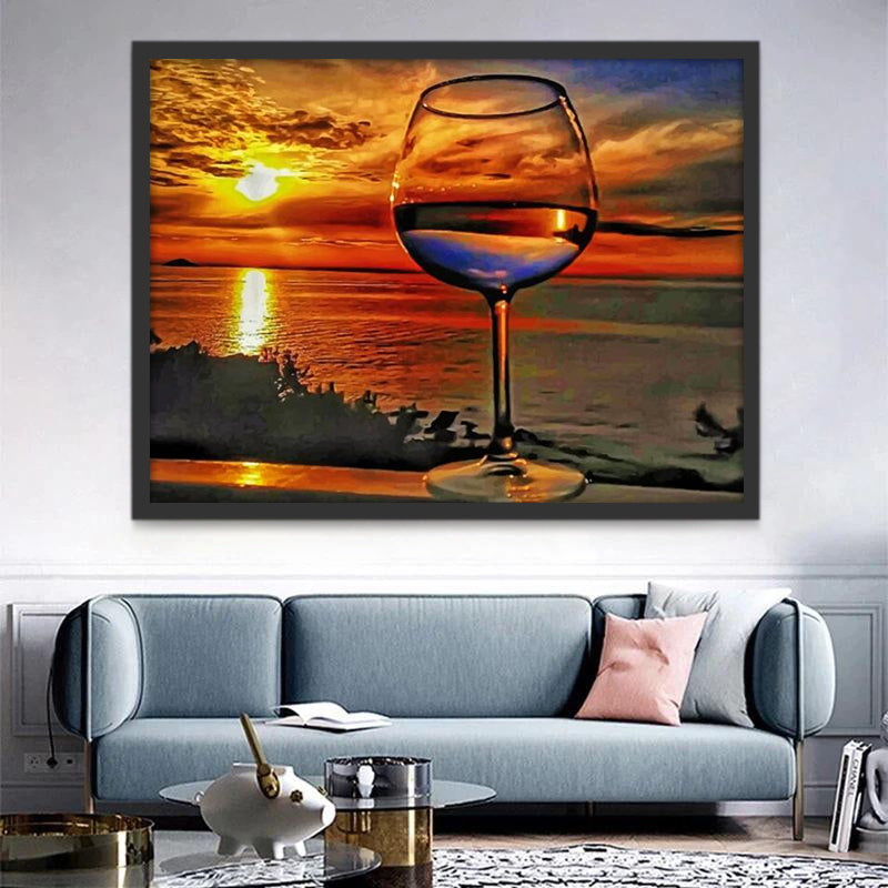 Glass of Wine at Sunset by the Sea Paint by Numbers