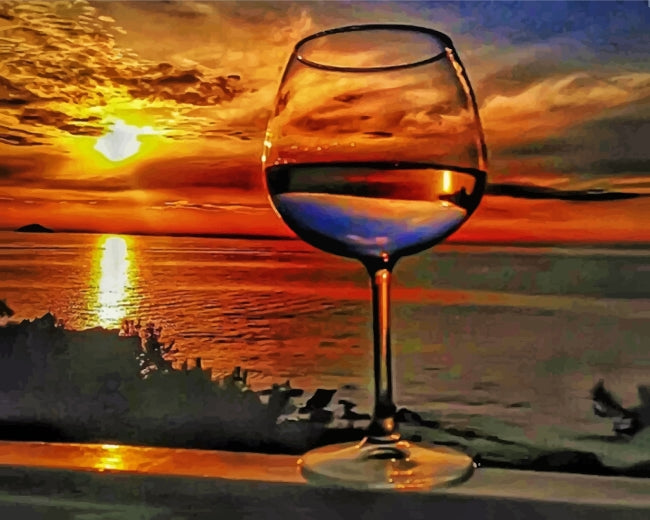 Glass of Wine at Sunset by the Sea Paint by Numbers