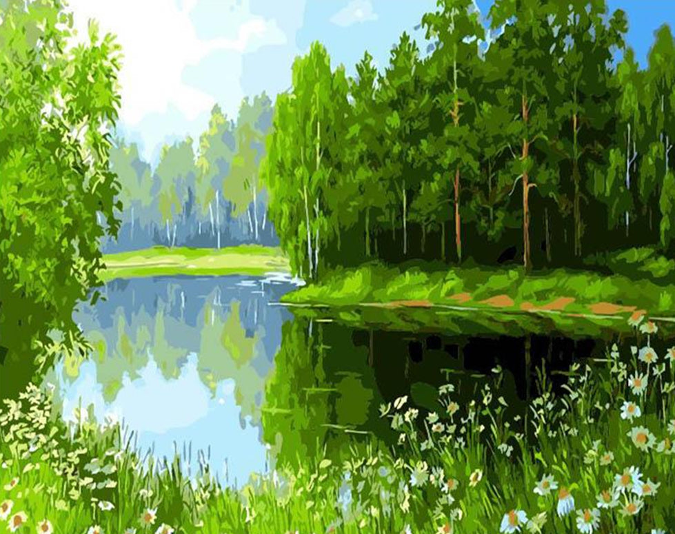 Green Trees by the Lake Paint by Numbers