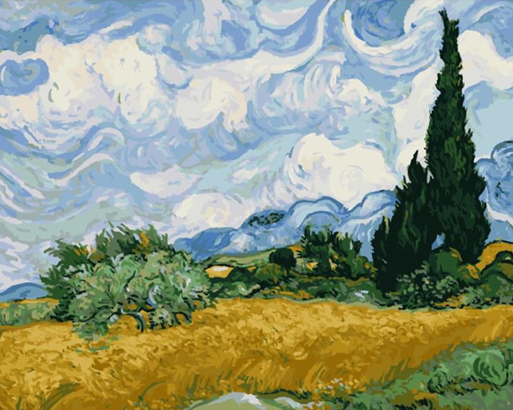 Green Wheat Field with Cypress Paint by Numbers