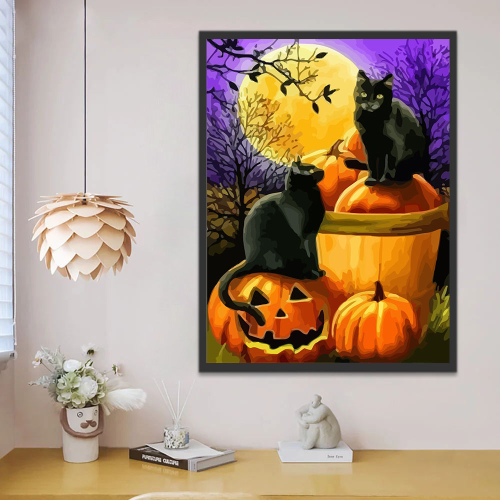 Halloween Black Cats Pumpkins Moon Paint by Numbers