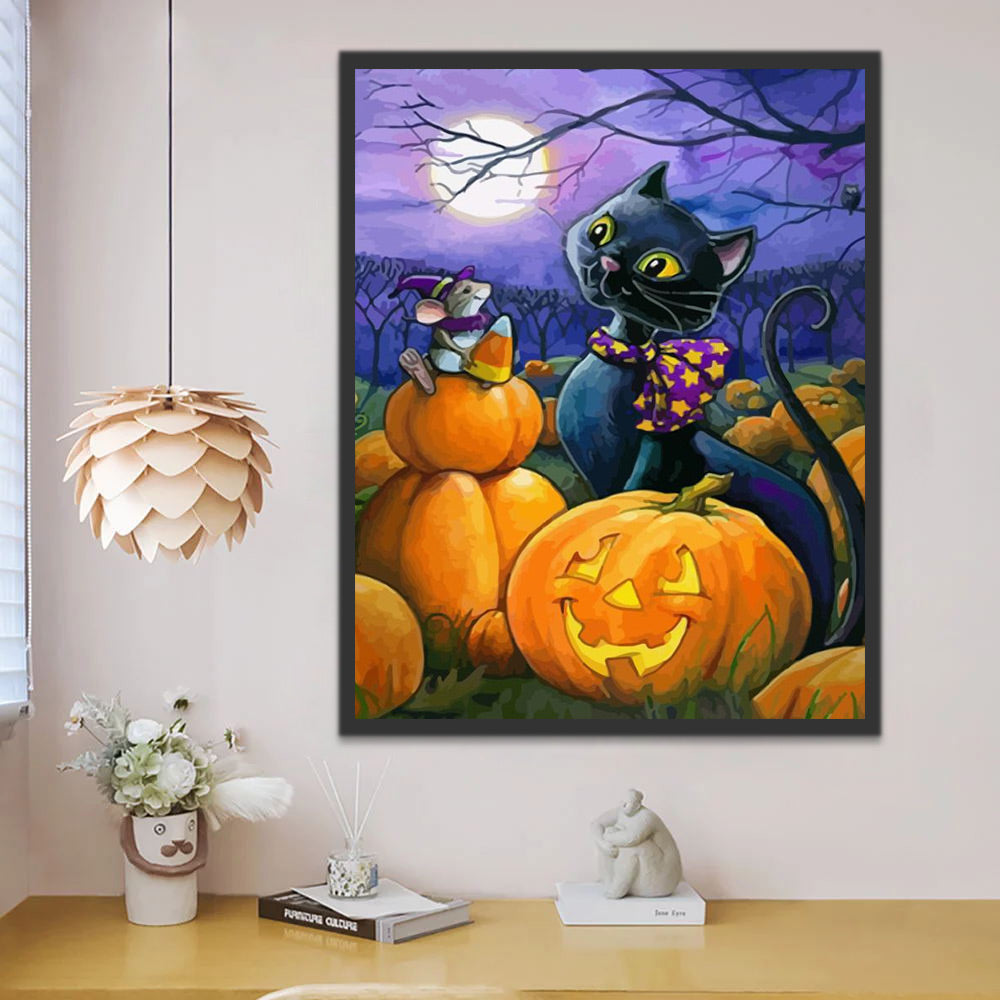 Halloween Cat and Mouse on Pumpkins Paint by Numbers