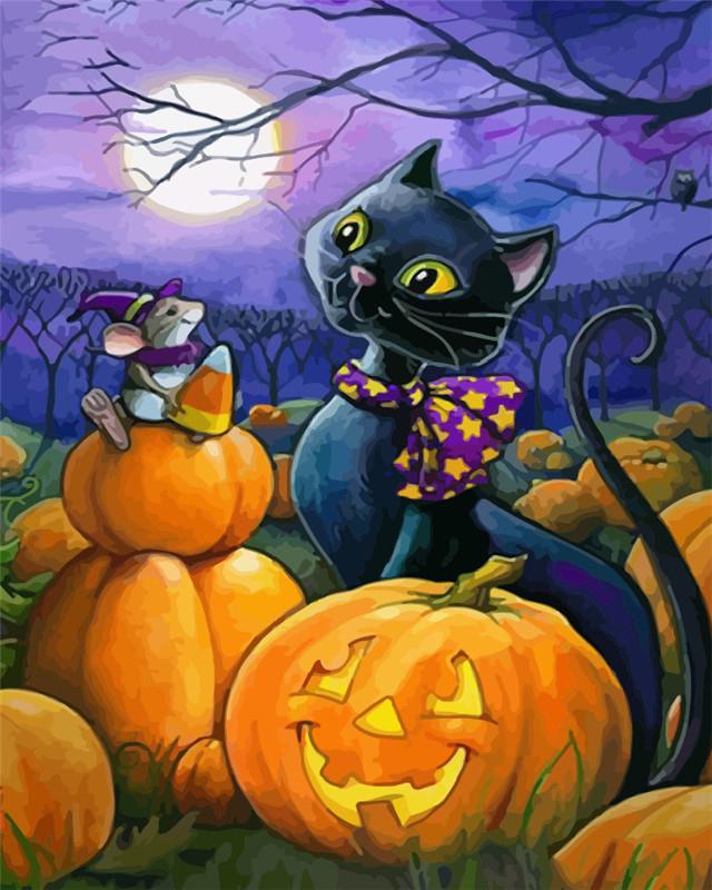 Halloween Cat and Mouse on Pumpkins Paint by Numbers