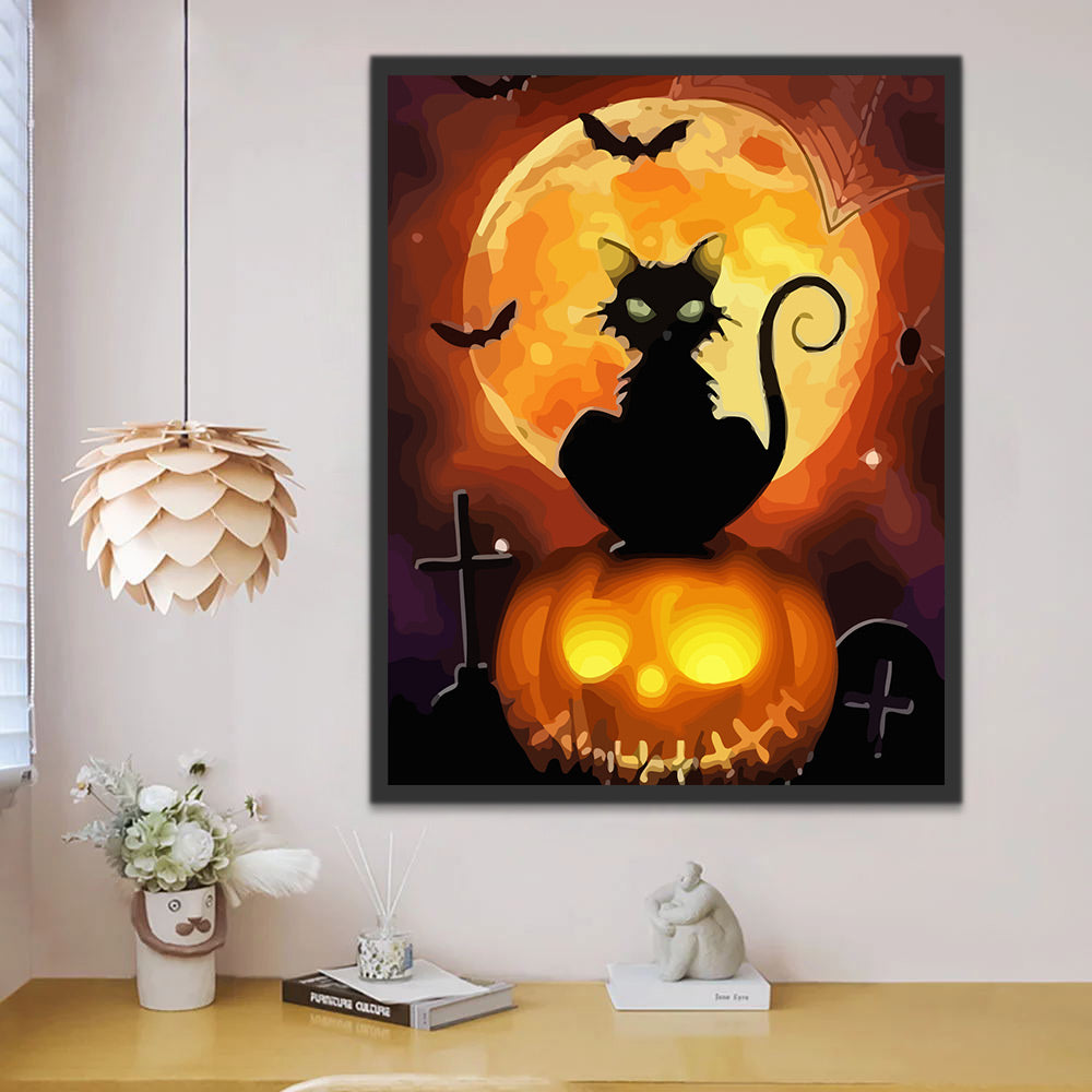 Halloween Cat on the Pumpkin Lantern Paint by Numbers