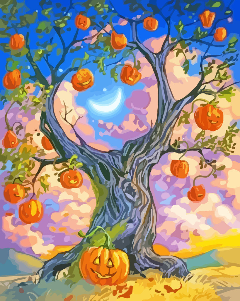 Halloween Pumpkin Lanterns on the Tree Paint by Numbers