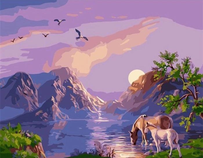 Horses Drinking by the River at Sunset Paint by Numbers