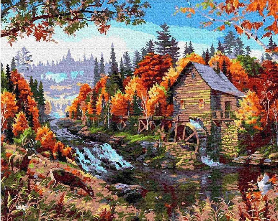 Hut in Autumn Forest Paint by Numbers