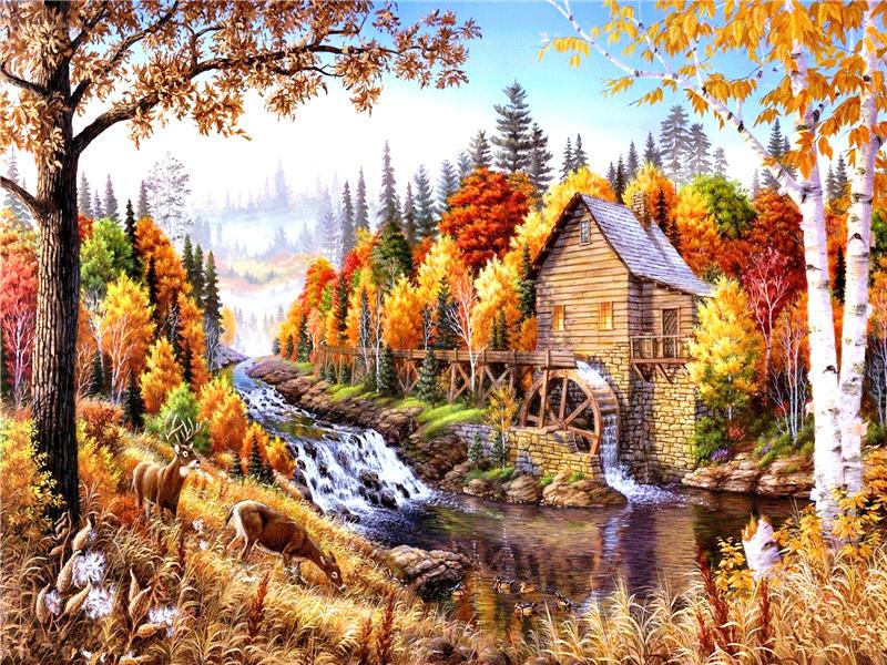 Hut in Autumn Forest Paint by Numbers